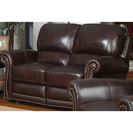 Traditional Leather Motion Loveseat with Rolled Arms and Nailhead Trim